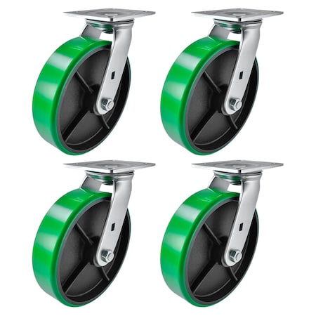 Hyw Products Heavy Duty Caster Set 8in Green Polyurethane on Cast Iron Wheels, 4 Swivel, 4PK 40-80S-A1-PC-4 (G)