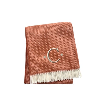 Homeroots 55" X 70" Terra Cotta White Herringbone Cotton Blend C Initial Throw Blanket w/ Tassels Embroidery 680599