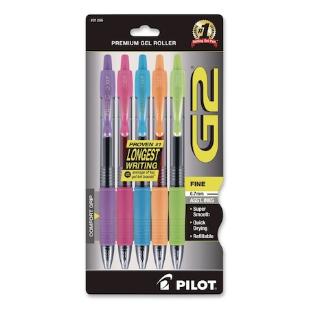 Pilot G2 Premium Gel Ink Pen, Retractable, Fine 0.7 mm, Assorted Ink and Barrel Colors, 5PK 31266