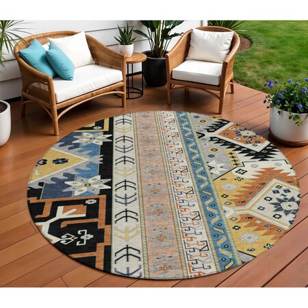 Homeroots 8' Black Ivory And Copper Round Aztec Washable Indoor Outdoor Area Rug 598456