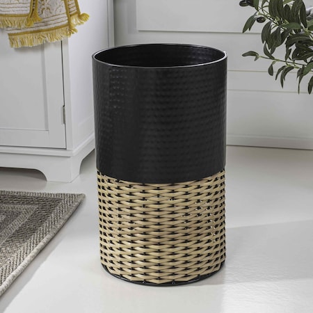 Happimess Asher Modern 4.13-Gallon 2-Tone Faux Wicker/Metal Cylinder Waste Basket, Black/Natural HPM1102C