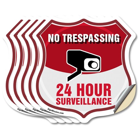 Signmission No Trespassing Shield Sign 24 Hour Surve, 6 inch X 6 inch, Vinyl Decal, 5PK SHI-D-5PACK-6-419