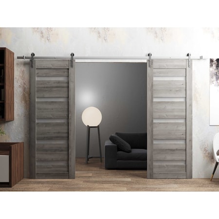 Sartodoors Sturdy Dbl Barn Door 84 x 96in, Nebraska Grey W/ Frosted Glass, SS 14FT Rail Hangers Heavy Set QUADRO4445DB-S-NEB-8496