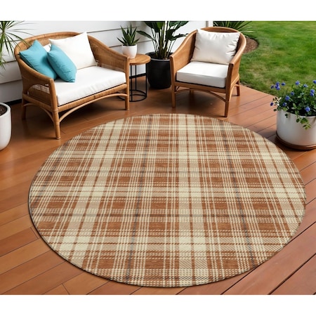 Homeroots 8' Brown Black And Beige Round Plaid Washable Indoor Outdoor Area Rug 597131
