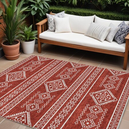 Homeroots 10' X 14' Red And Ivory Southwestern Washable Indoor Outdoor Area Rug 593719