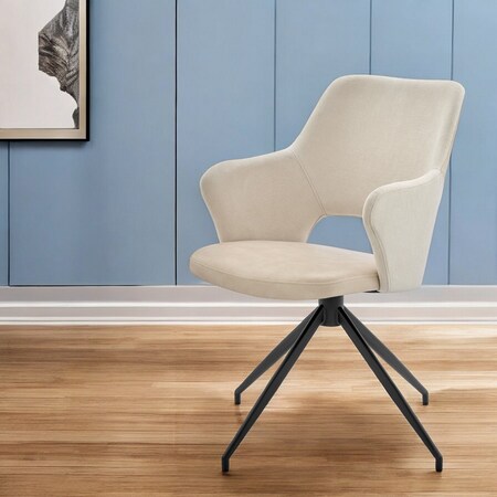 Homeroots Beige and Black Upholstered Fabric And Faux Leather Open Back Dining Arm Chair 544256