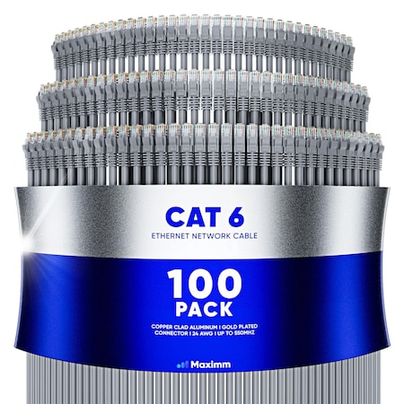Maximm Cat6 Ethernet Cable 6ft 10Gbps 550MHz UTP, 100PK, Gray, 100PK CAT6CCA-6GR-100PK