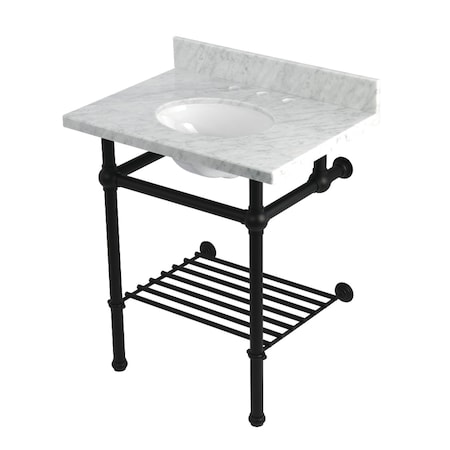 Kingston Brass 30-Inch Carrara Marble Console Sink with Brass Legs and Shelf, 8-Inch, 3-Hole KVPB30MBB0