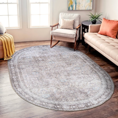 World Rug Gallery Vintage Inspired Machine Washable Non Slip Area Rug 5 ft x 7 ft Oval Olive 6029OLIVE5OV