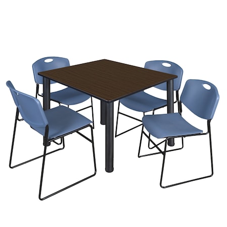 Regency Square Kee Breakroom Table W/ 4 Zeng Stack Chairs, 48 in W, 48 in L, Neo Walnut TB4848NWBPBK44BE