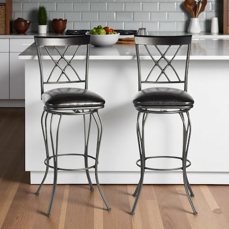 Homeroots Set of Two 30" Black Faux Leather and Iron Bar Height Swivel Bar Chairs 610393