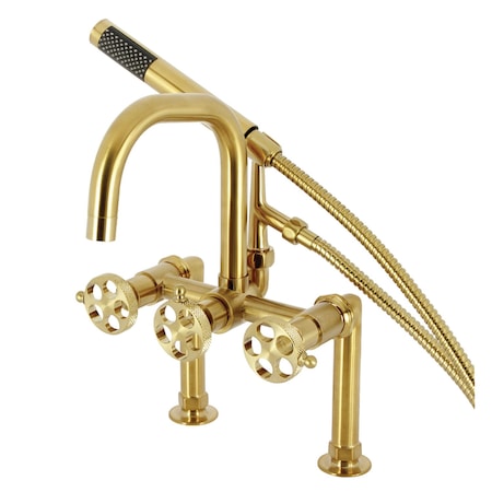 Kingston Brass 7" Center Deck-Mount Clawfoot Tub Faucet with Knurled Handle and Hand Shower, Brushed Brass AE8407RKX