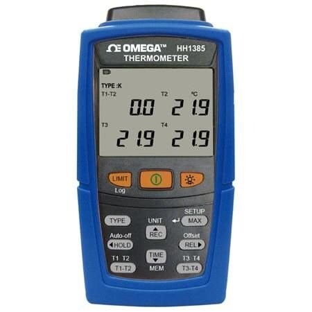 Omega Digital Thermometer & Data Logger, Temperature, K, J, T, E, R, S, N, 16k Max Samples, 4 Digit LCD, HH1385