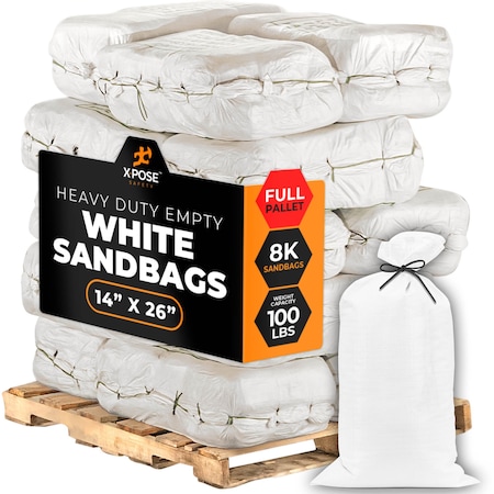 Xpose Safety White Sand Bags - 14inx26in, 100 lb, Full Pallet of 8,000 SBW-HVY-1426-FP8000-X