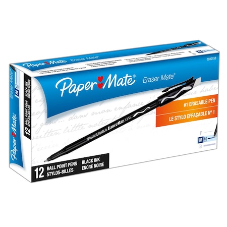 Paper Mate Eraser Mate Erasable Pen, Medium Point, Black, 12 Count, 12PK 39301