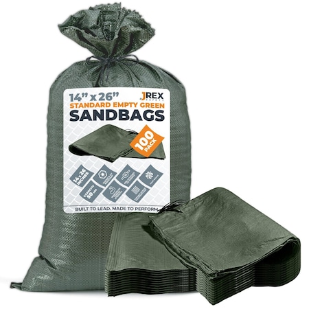 Jrex Safety Woven Green Polypropylene Sandbags - 14 x 26 in, 50 lb Capacity, 100PK SBG-JR-1426-100PK