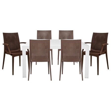 Leisuremod Mace 7-Piece Rectangular Outdoor Dining Set with 4 Side Chairs & 2 Armchairs, White/Brown MT55WMC194A2BR