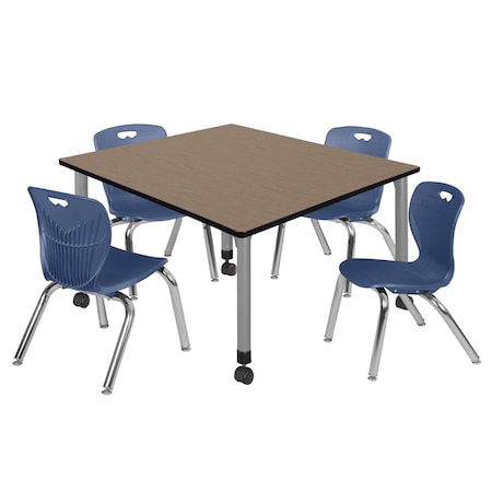Regency Square Kee Mobile Adjustable Classroom Table W/ 4 Andy Chairs, 48 in W, 48 in L, Noble Oak TB4848NOAPCGY45NV