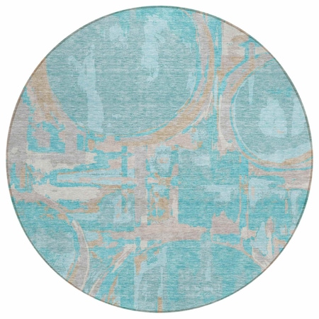 Homeroots 8' Teal Blue Aqua And Taupe Round Geometric Washable Indoor Outdoor Area Rug 589436