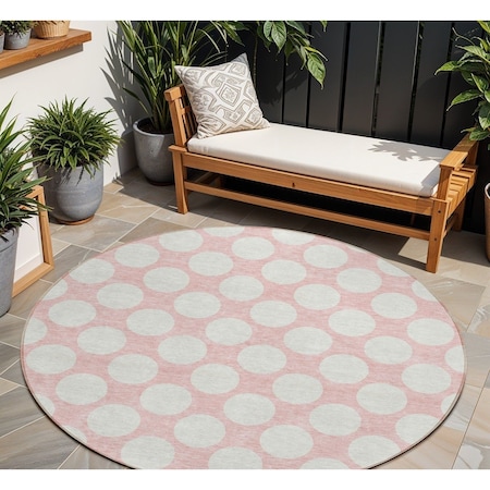 Homeroots 8' Pink And Gray Round Polka Dot Washable Indoor Outdoor Area Rug 595267