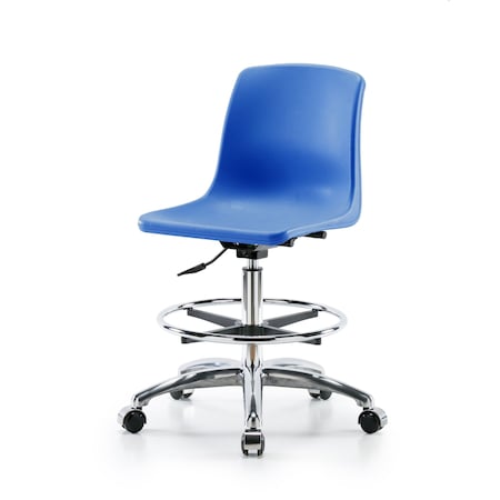 Blue Ridge Ergonomics Polypropylene Shell Chair Chrome - Medium Bench Height with Chrome Foot Ring & Casters in Blue SMBCH-CR-CF-NBCC-BLU