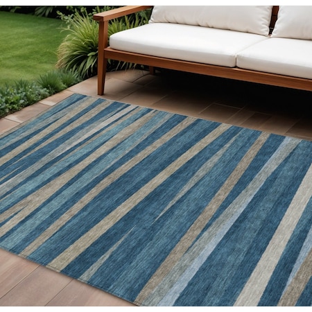 Homeroots 9' X 12' Denim Blue And Gray Striped Washable Indoor Outdoor Area Rug 597323