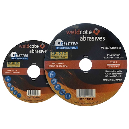 Slitter Inox Prime Plus Right Angle Grinder Wheels, Cutting - SLITTER INOX, Type 1, 4-1/2in x 0.045in x 7/8, 25PK 11050