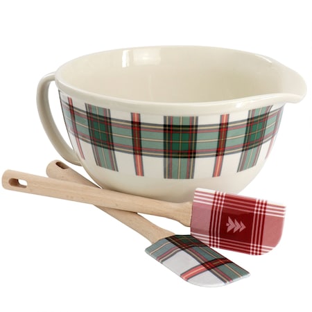 Martha Stewart 3 Piece Holiday Plaid Stoneware 3.4qt Batter Bowl Set with Silicone Spatulas in White 140241.03