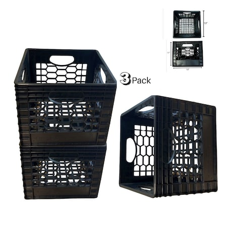 Cratemate Heavy Duty Multi-Purpose Milk Crate Storage, Black, 11 in H, 13 in W, 13 in L, 3 PK MC16QT-BL-3