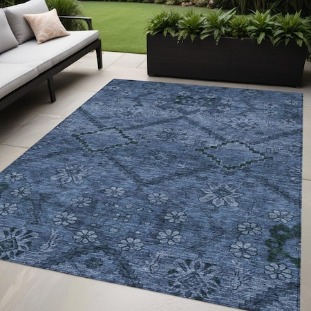 5' X 8' Navy Blue And Denim Blue Floral Washable Indoor Outdoor Area Rug
