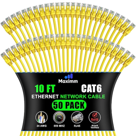 Maximm Cat6 Ethernet Cable 10ft 10Gbps 550MHz UTP, 50PK, Yellow, 50PK CAT6CCA-10YL-50PK