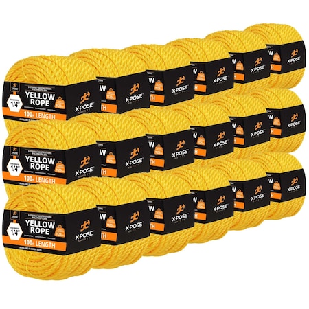 Xpose Safety 1/4in x 100 ft Twisted Polypropylene Rope, Yellow, 18PK YPR14-100-18-X
