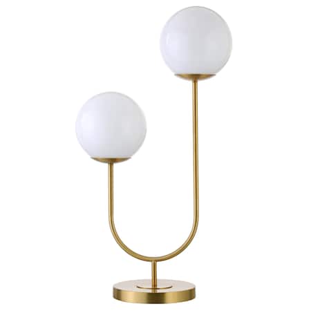 Homeroots 28" Gold Metal Two Light Novelty Table Lamp With White Globe Shade 546101