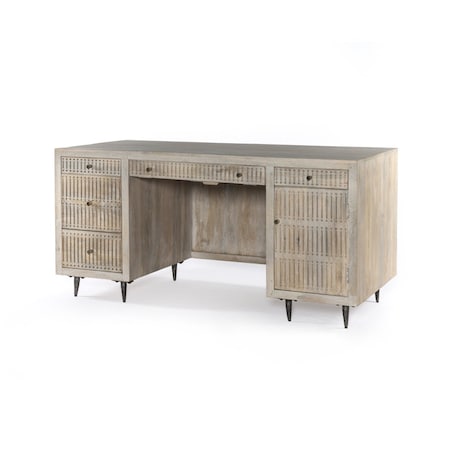 Homeroots 64" Ivory and Silver Solid Wood Executive Desk With Five Drawers 489190