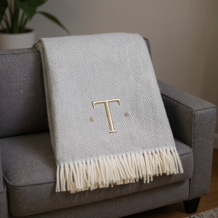 Homeroots 55" X 70" Gray White Herringbone Cotton Blend T Initial Throw Blanket with Tassels Embroidery 655543