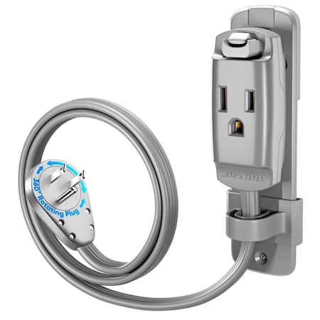 Maximm 3ft 14AWG Heavy Duty AC Extension Cord, 360 degrees Flat Plug, Gray ADW-S360-C6F03-14G0-WM