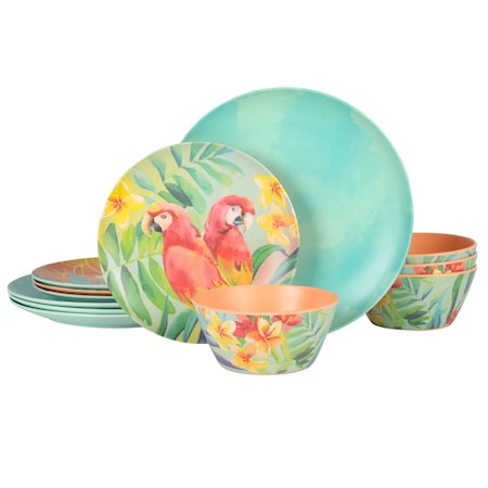 Laurie Gates Tropical Parrots 12 Piece Melamine Dinnerware Set in Assorted Designs 136568.12