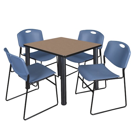 Regency Square Kee Breakroom Table W/ 4 Zeng Stack Chairs, 42 in W, 42 in L, Noble Oak TB4242NOBPBK44BE