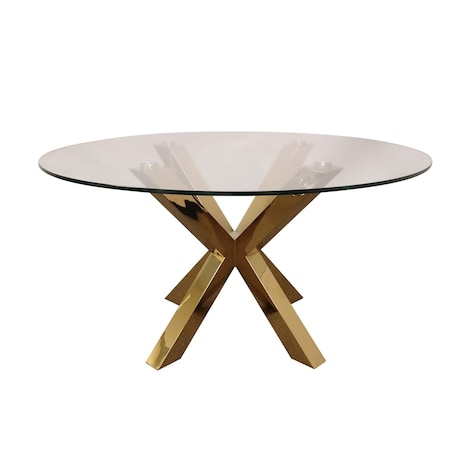 Homeroots 54" Clear and Gold Glass and Metal Cross Leg Base Round Top Dining Table 555133