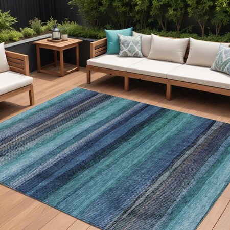 Homeroots 9' X 12' Teal Blue Aqua And Navy Blue Striped Washable Indoor Outdoor Area Rug 631225