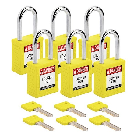 Brady Padlock, Keyed Different, Nylon, Yellow, 1 1/2 in Shackle Height, 1 1/2 in Body Width, 6 PK SDPL-YLW-38ST-KD6