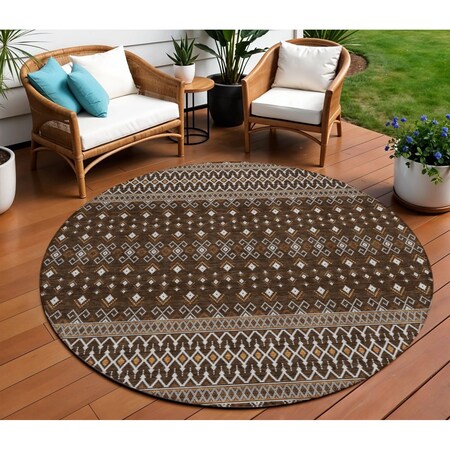 Homeroots 8' Chocolate Taupe And Copper Round Tribal Washable Indoor Outdoor Area Rug 582556