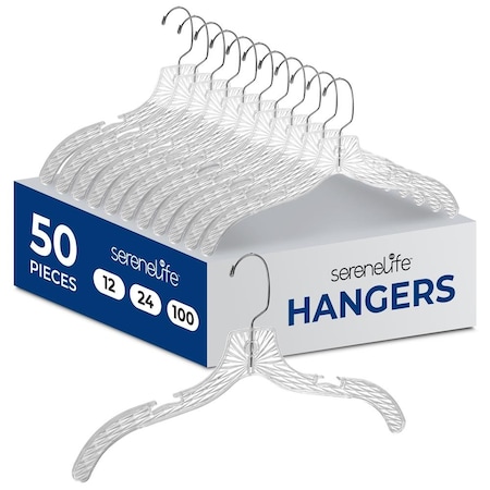 Serenelife Transparent Plastic Hangers, Crystal Clear, Non-Slip with Notched Shoulders, Ultra-Thin, 50PK SLHACR50