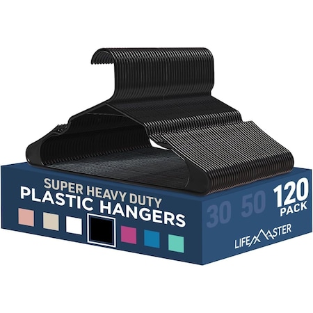 Lifemaster Black Plastic Clothes Hangers, Lightweight, Durable, Non-Slip, Space-Saving, 120PK LMPLCBLK120