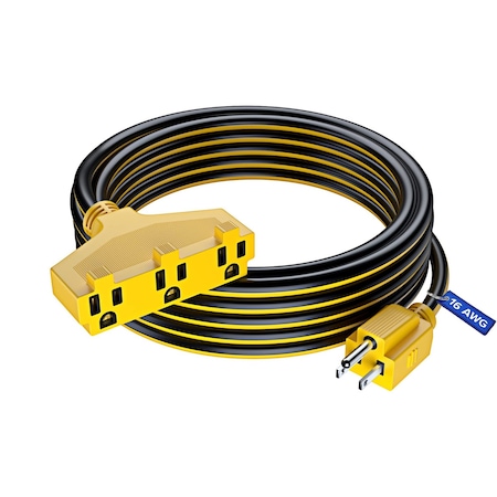 Maximm 25ft 16AWG 3-Outlet Extension Cord, ETL, Black/Yellow C-bk/yl-P-yl-I-bk-3O-25ft