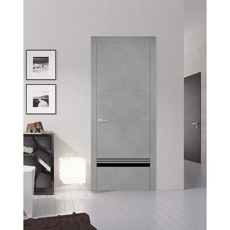 Sartodoors Modern Wood Interior Door with Hardware, Planum 0012 Concrete and Aluminum Strips, Single Panel Fra PLANUM0012ID-BTN-18