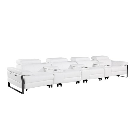 Homeroots 169" White Top Grain Leather Reclining Metal USB Sofa 720352