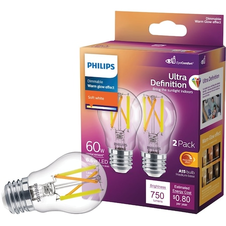 Signify Ultra Definition Warm Glow 60W Equivalent Soft White A15 Medium LED Light Bulb, 2PK 573386