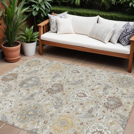 Homeroots 9' X 12' Beige Brown And Green Damask Washable Indoor Outdoor Area Rug 599398