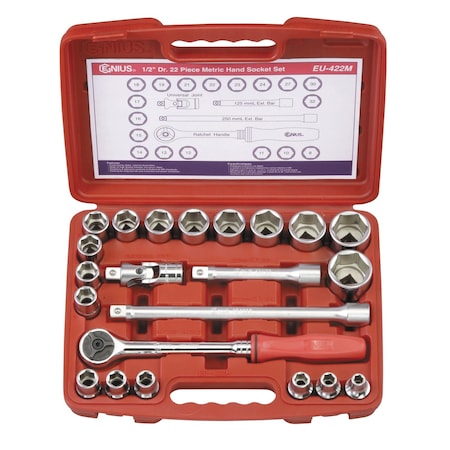Genius Tools 1/2in Dr. 22 Piece Metric Hand Socket Set EU-422M